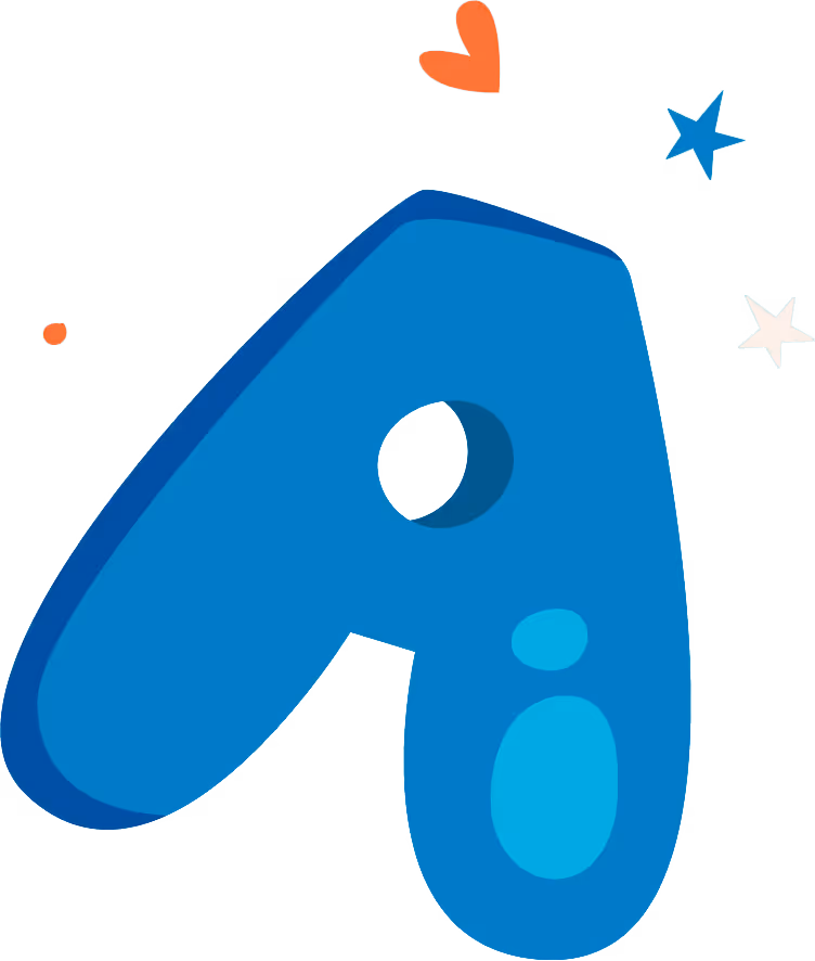 Blue stylized letter A with a heart, stars, and small dots on a light blue background.