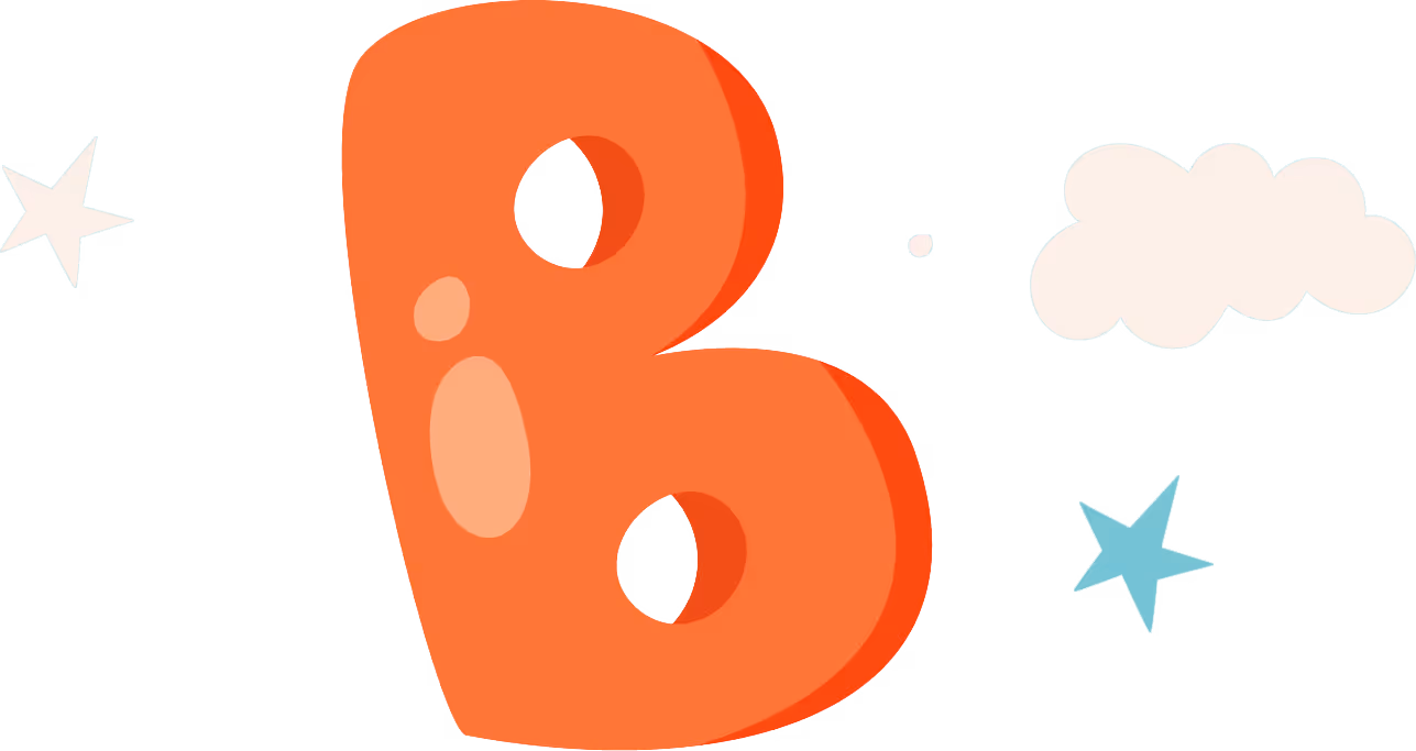 Large orange letter B with stars and clouds on a light blue background.