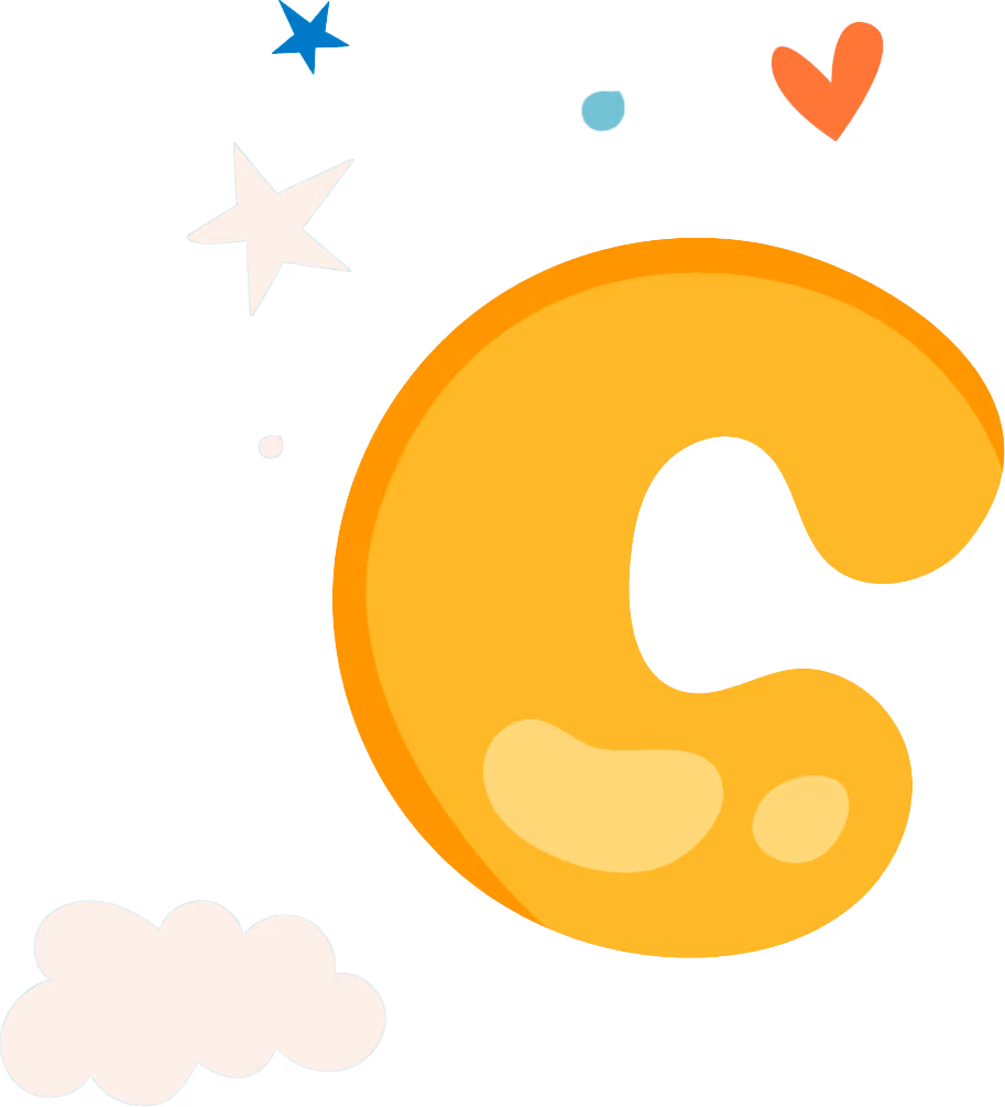 Illustration of a large orange letter C with decorative stars, a red heart, and a cloud on a light blue background.