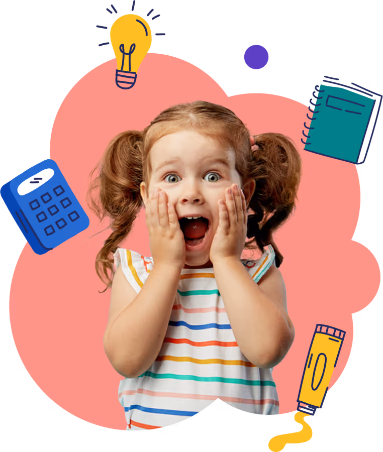 Surprised little girl with pigtails wearing a striped shirt, surrounded by cartoon school items including a light bulb, calculator, notebook, and glue.