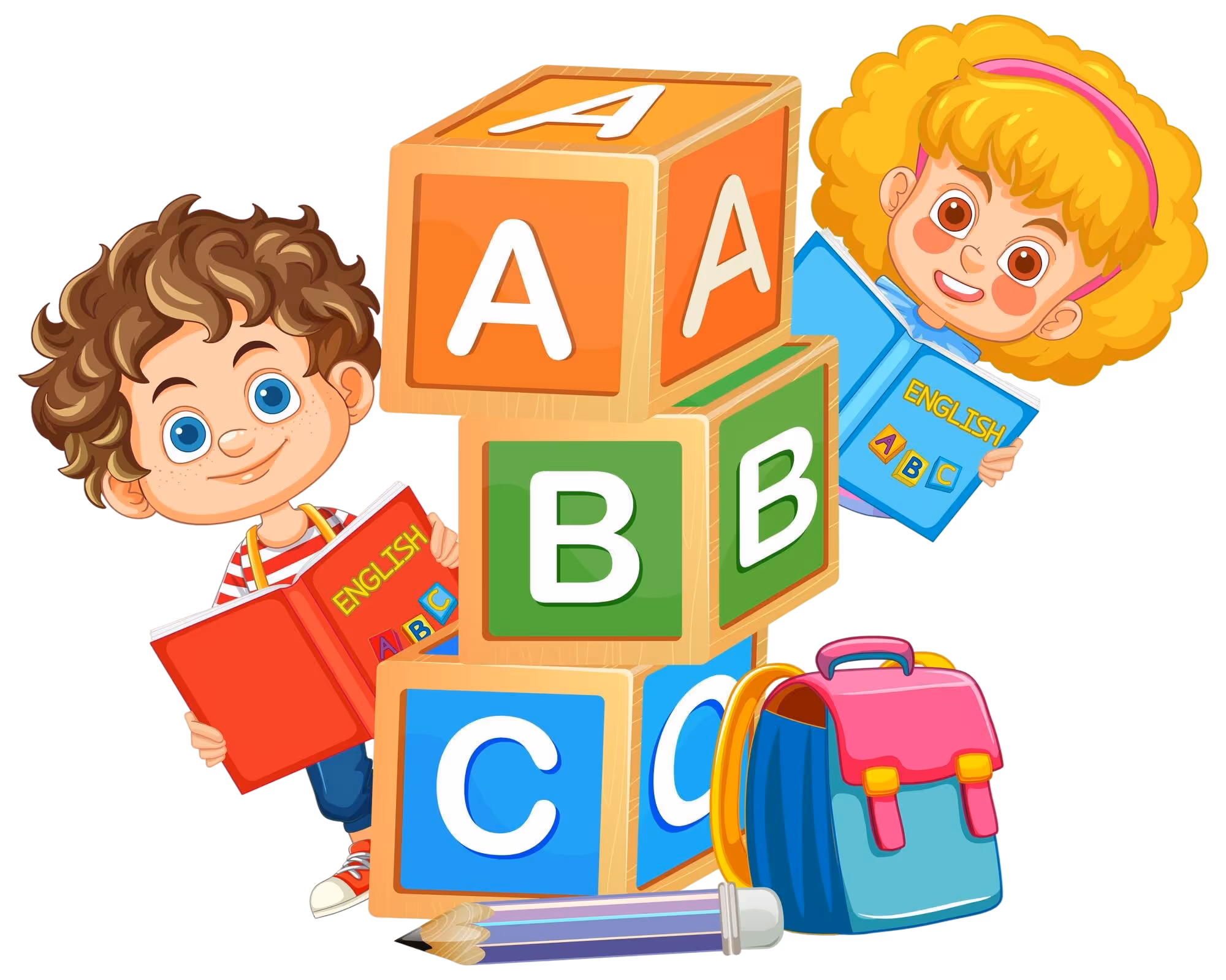 Cartoon boy and girl holding English ABC books behind stacked colorful alphabet blocks with a backpack and pencils.