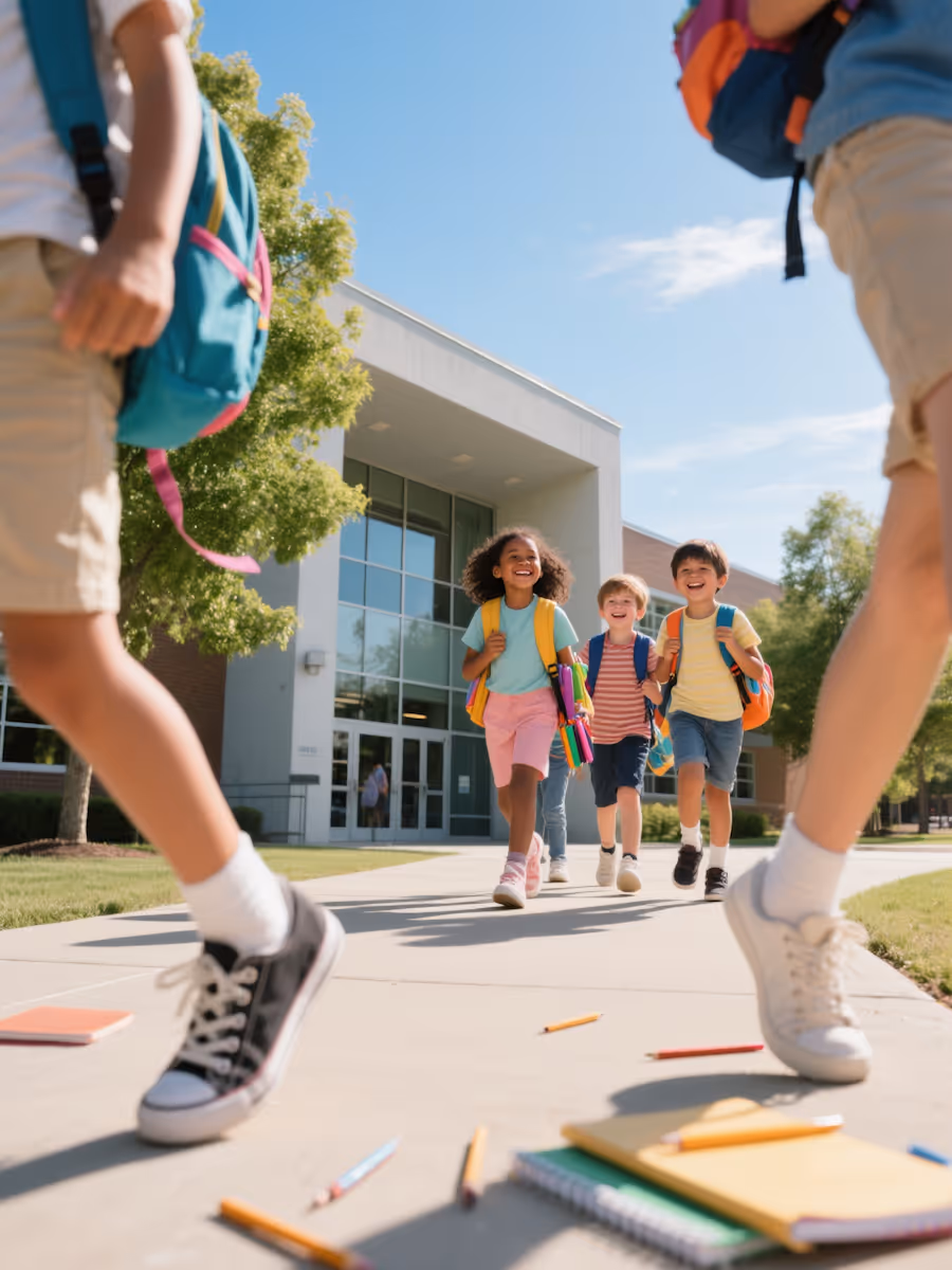 Smiling children with backpacks walking on a sidewalk outside a school building on a sunny day.